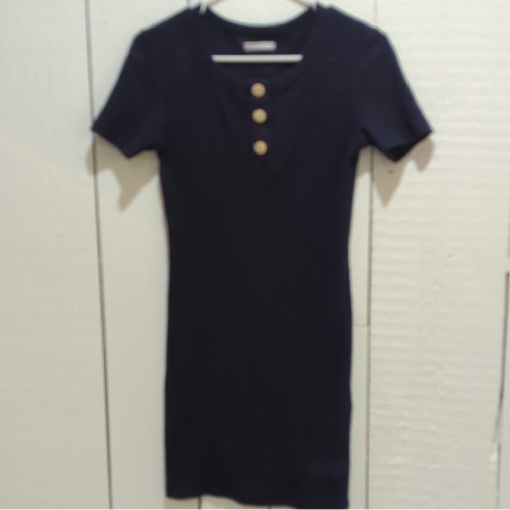 EXIT Women’s Size M Navy Knit Bodycon Dress Short Sleeve Button Front